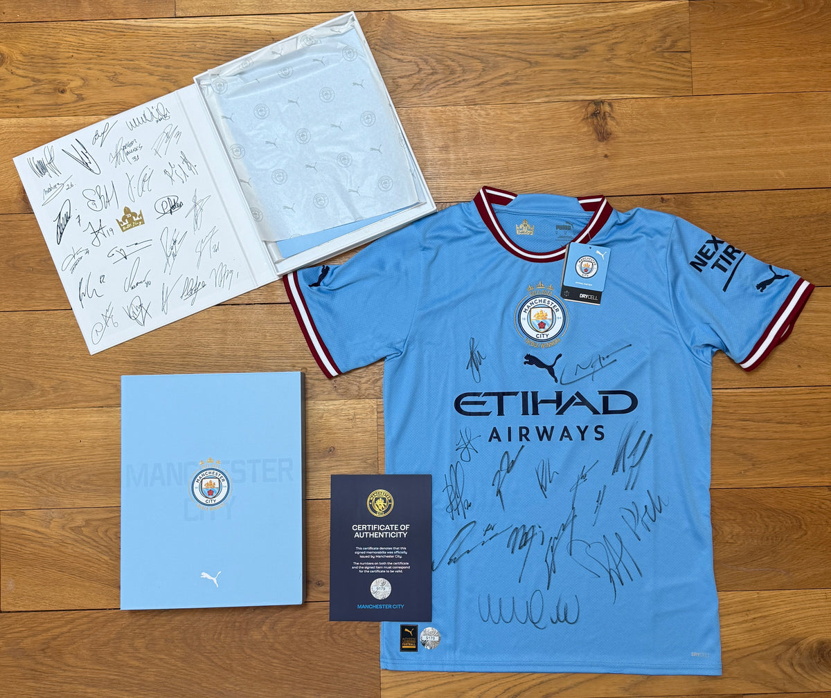 Manchester City Squad Hand Signed 2022-2023 Official Embroidered Treble Winning Shirt In Presentation Box