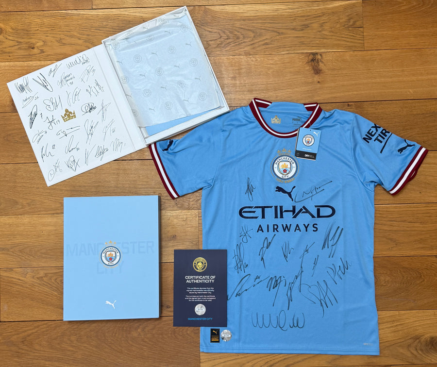 Manchester City Squad Hand Signed 2022-2023 Official Embroidered Treble Winning Shirt In Presentation Box