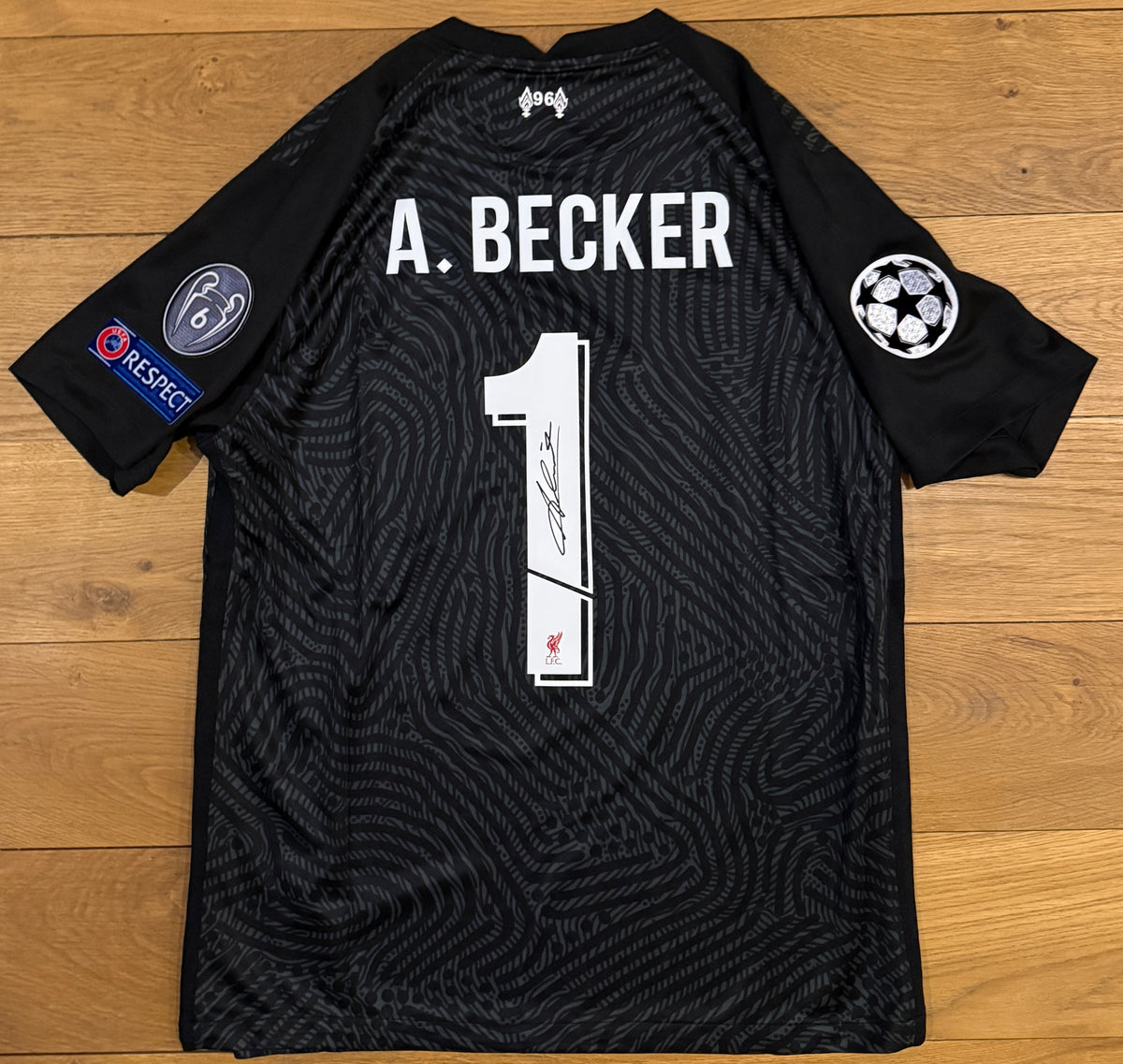 Alisson Becker Hand Signed Liverpool 2020-2021 Home Shirt With UEFA Champions League Print