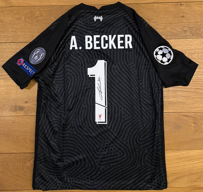 Alisson Becker Hand Signed Liverpool 2020-2021 Home Shirt With UEFA Champions League Print