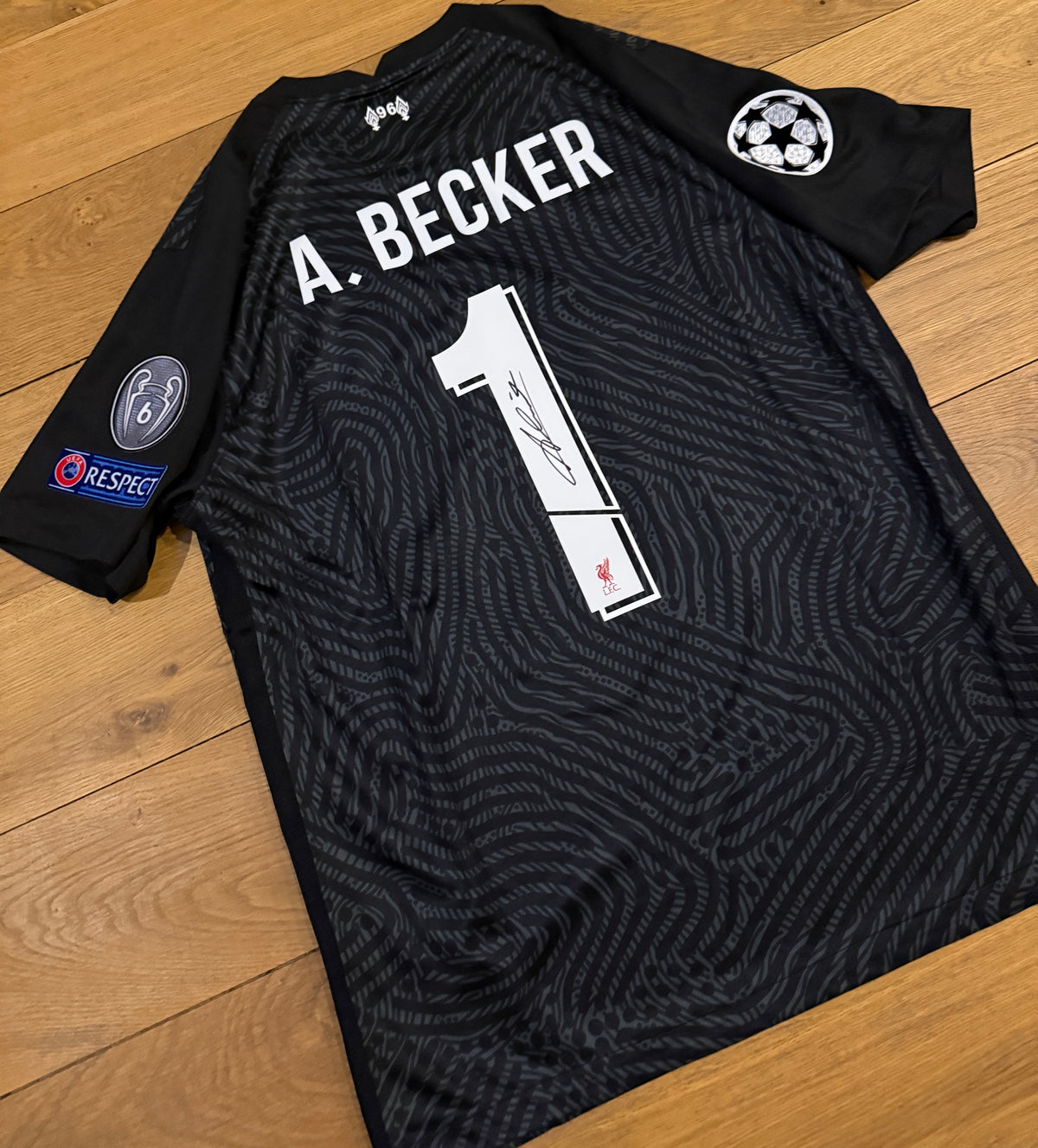 Alisson Becker Hand Signed Liverpool 2020-2021 Home Shirt With UEFA Champions League Print