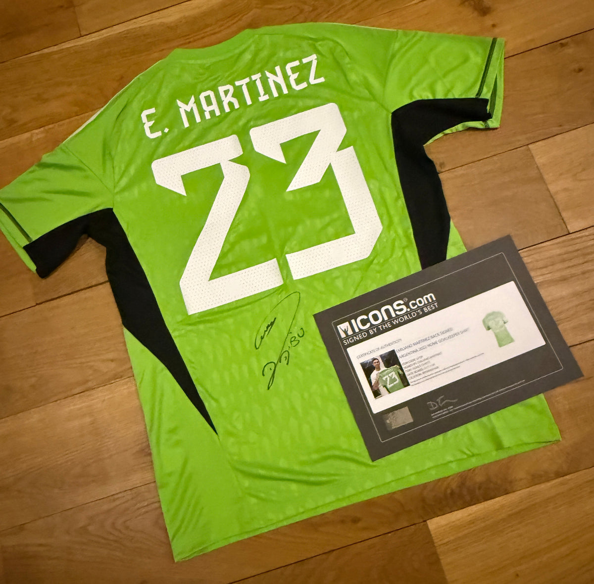 Emiliano Martínez Hand Signed Argentina 2022 FIFA World Cup Winners Goalkeeper Shirt | Official ICONS COA